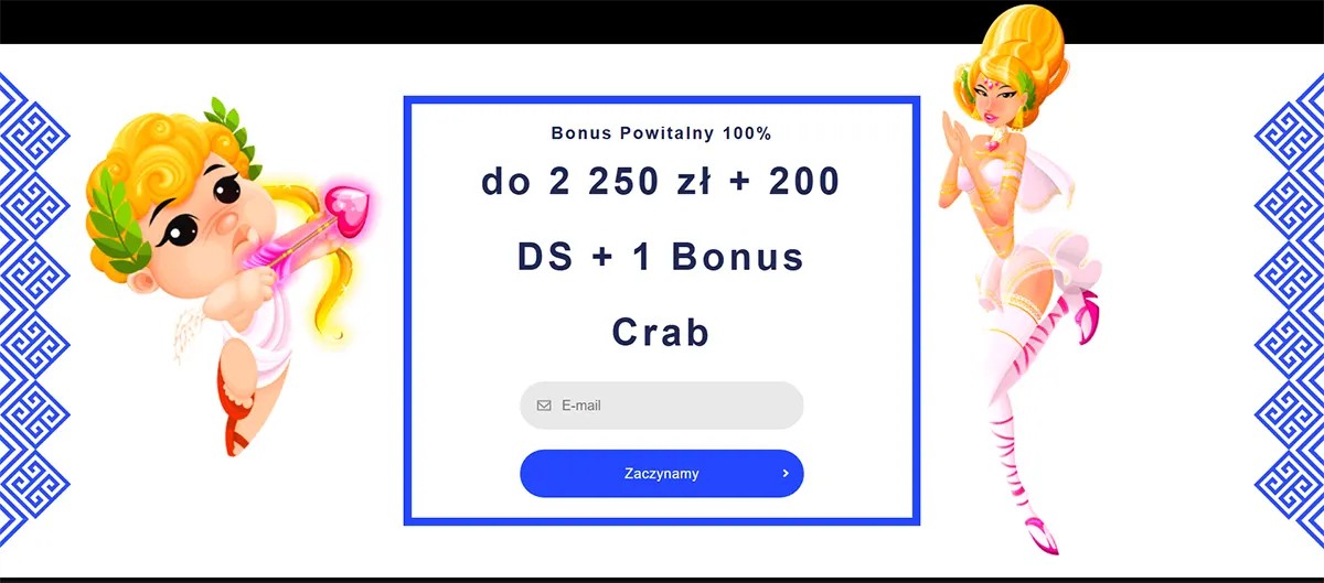 Casino welcome bonus banner offering 100% up to 2,250 PLN with free spins and a registration form