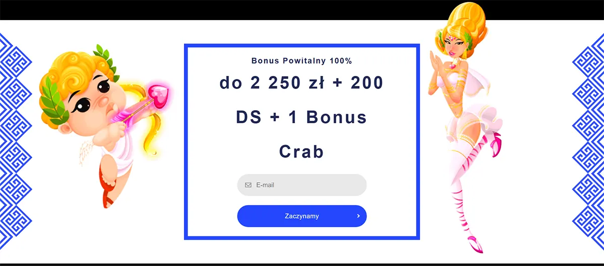 Casino welcome bonus banner offering 100% up to 2,250 PLN with free spins and a registration form