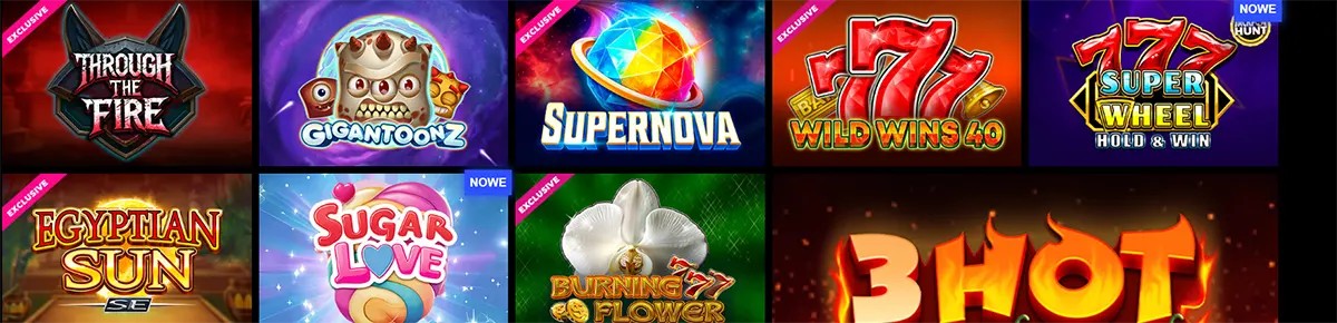 Featured online slot games grid showcasing exclusive and new titles with wild wins, hold and win, and bonus features