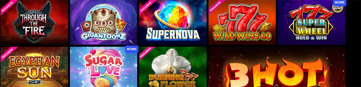 Featured online slot games grid showcasing exclusive and new titles with wild wins, hold and win, and bonus features