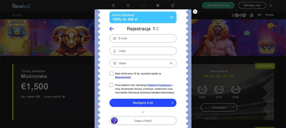 Online betting site registration popup showing a sports bonus of 100% up to 450 PLN with sign-up fields