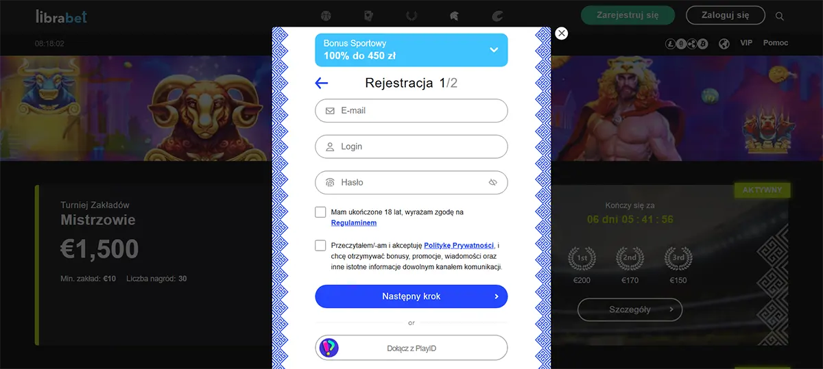 Online betting site registration popup showing a sports bonus of 100% up to 450 PLN with sign-up fields